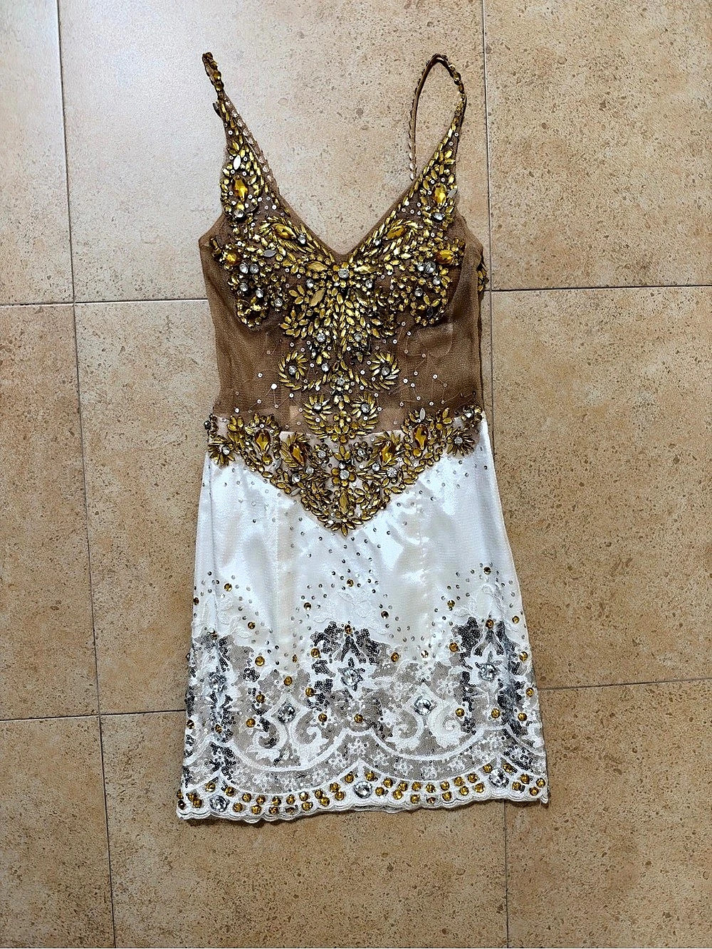 Dave and Johnny vintage gold and white beaded mini dress